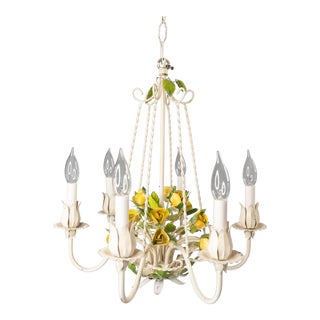 Vintage Mid-Century Italian Tole Yellow Roses Six Arm Chandelier For Sale