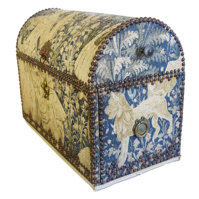 Antique French Tapestry Travel Foldout Desk Trunk W/ Dome Top & Brass ...