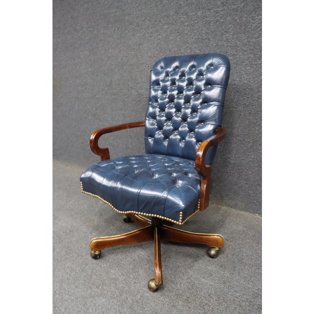 Traditional Tufted Leathercraft Swivel Office Chair With Cherry Frame For Sale - Image 3 of 10