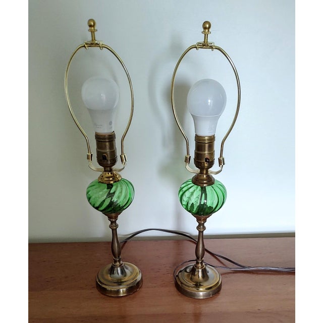 Traditional Pair of Vintage Green Globe Lamps With William Morris Shades For Sale - Image 3 of 10