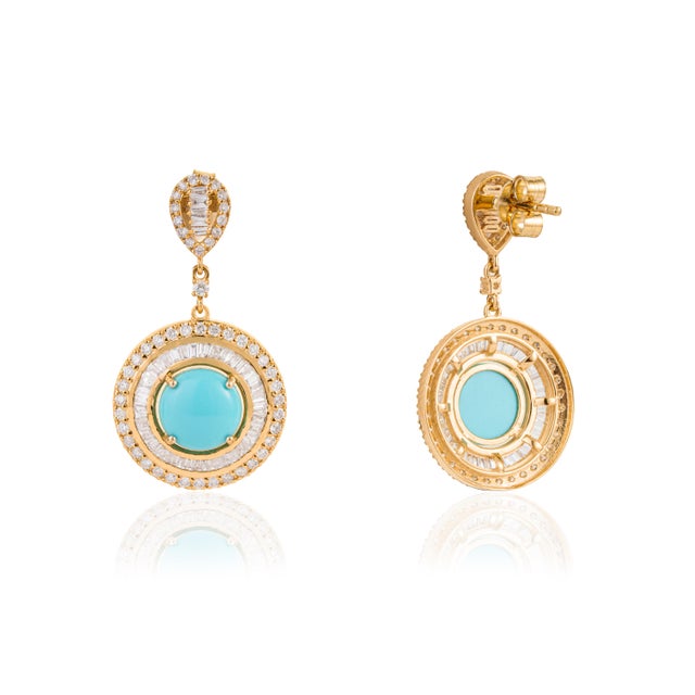 Metal Luxury 14k Gold Turquoise & Diamond Double Halo Drop Earrings, 3.07ct- A Pair For Sale - Image 7 of 14