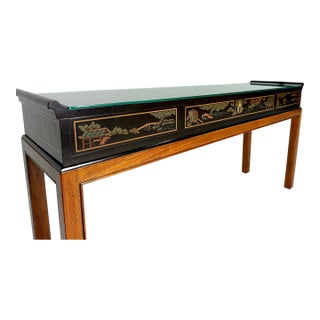 Late 20th Century Vintage Drexel Heritage Chinoiserie Console Table, Glass Top and Drawer For Sale