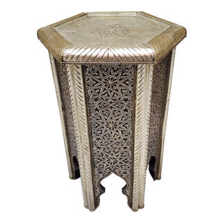 Moroccan Hexagonal Metal Inlaid Side Table with Silver Finish For Sale