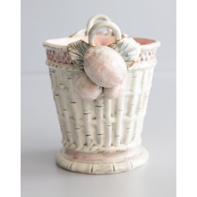Mid 20th Century Italian Blush Pink Majolica Faux Bamboo & Fruit Wine Cooler Champagne Ice Bucket For Sale - Image 4 of 13