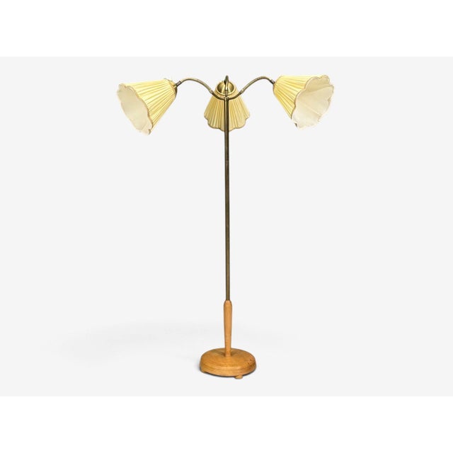 Mid-Century Modern 1950s Swedish Modern Birch, Brass, Silk Adjustable Floor Lamp For Sale - Image 3 of 14