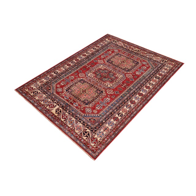 Shabby Chic Tribal Super Kazak Red/Beige Wool Rug - 4'9'' X 6'5'' For Sale - Image 9 of 10