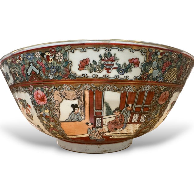 Ceramic Large Rose Medallion Punch Bowl and Stand, Signed, 20th Century For Sale - Image 7 of 12