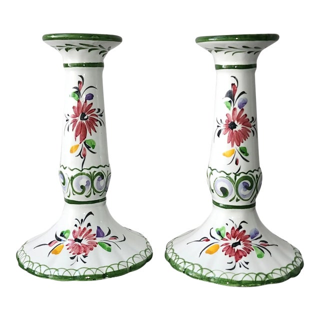 Vintage Portugal Floral Ceramic Candle Holders - A Pair For Sale