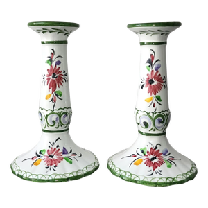 Vintage Portugal Floral Ceramic Candle Holders - A Pair