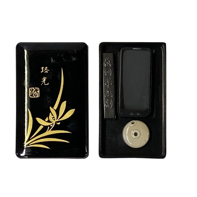 Small Oriental Asian Black Lacquer Wood Box InkWell Dipping Display Set For Sale - Image 4 of 6