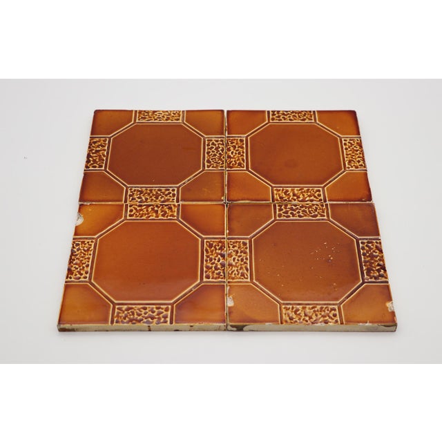 1910s Set of Four Large Art Deco Glazed Brown Tiles, Portuguese For Sale - Image 10 of 12