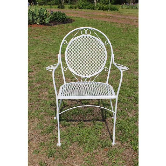 Hollywood Regency Wrought Iron Patio Set—Four Armchairs and a Table With a Glass Top For Sale - Image 3 of 18