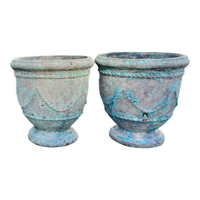 Pair Anduze-Form Planters, Festoon Relief, Glazed Terracotta For Sale