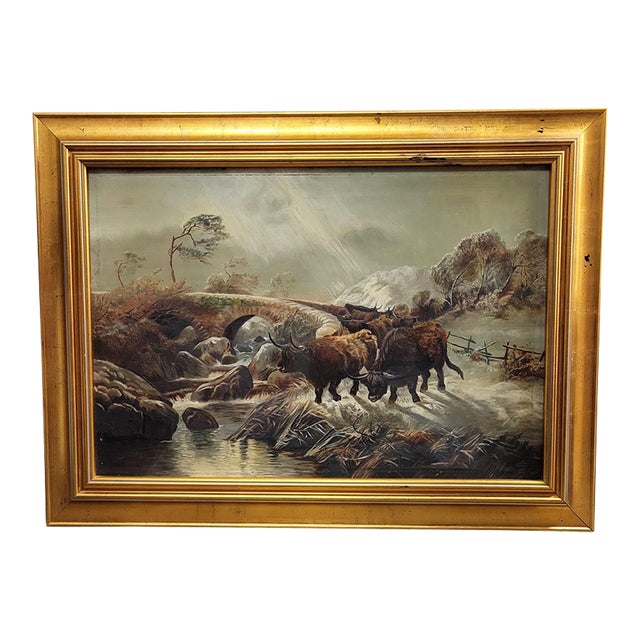 19th C Scottish Highland Cattle Oil on Canvas Painting Framed For Sale