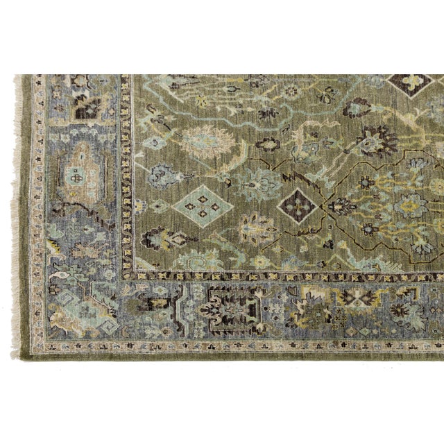 Modern Indian Heriz Style Wool Rug Handmade in Muted Green With Allover Design For Sale In New York - Image 6 of 10