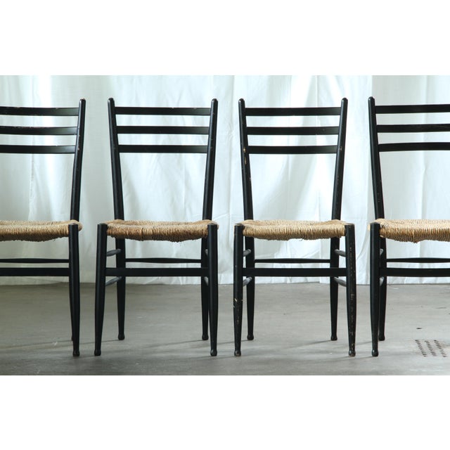 1950s Vintage Italian Papercord Black Dining Chairs with Woven Seat, 1950s, Set of 8 For Sale - Image 5 of 18
