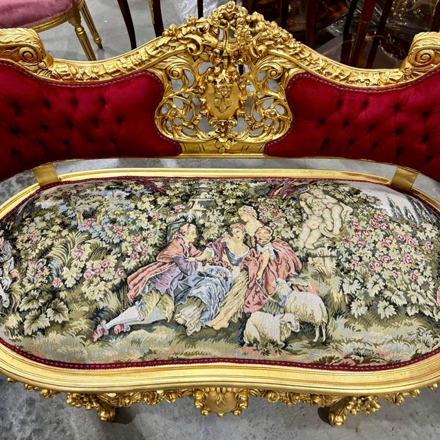 French Style Art Bench Small Settee Vintage Red Velvet Gold Details For Sale - Image 4 of 7