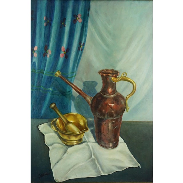 Giovanni Zancolo, Post Impressionist Still Life with Copper Pourer and Brass Mortar and Pestle, 1970s, Oil on Canvas For Sale - Image 12 of 12