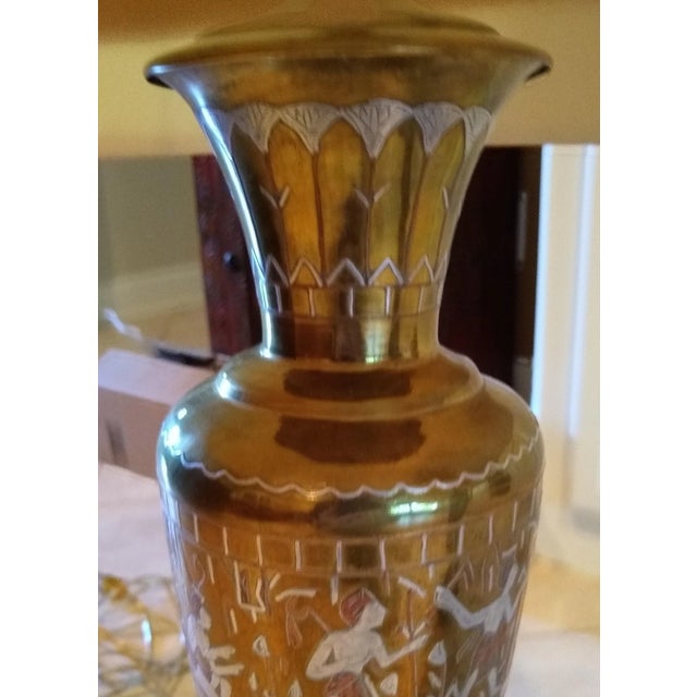 Vintage Inlaid Silver and Brass Engraved Electric Lamps - a Pair For Sale In Houston - Image 6 of 7