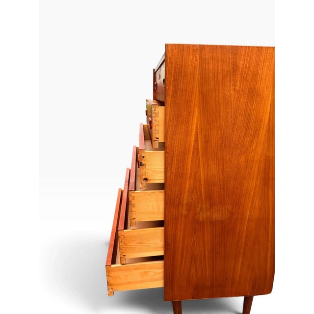 Mid-Century Danish Modern Teak Tallboy Dresser | Six Drawers With Carved Oval Pulls For Sale - Image 6 of 11