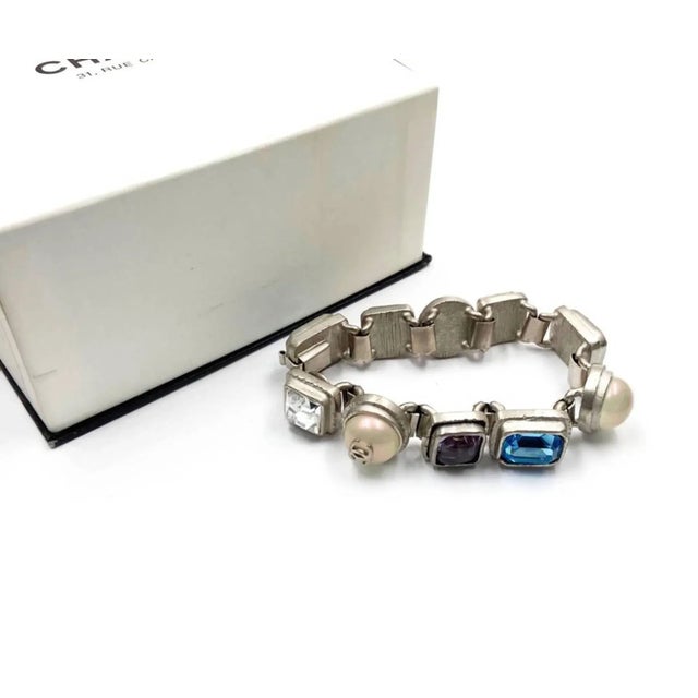 Chanel Vintage Rare Rustic Silver Gem Stone Pearl CC Bracelet *Marked 98 *Made in France *Comes with original box...