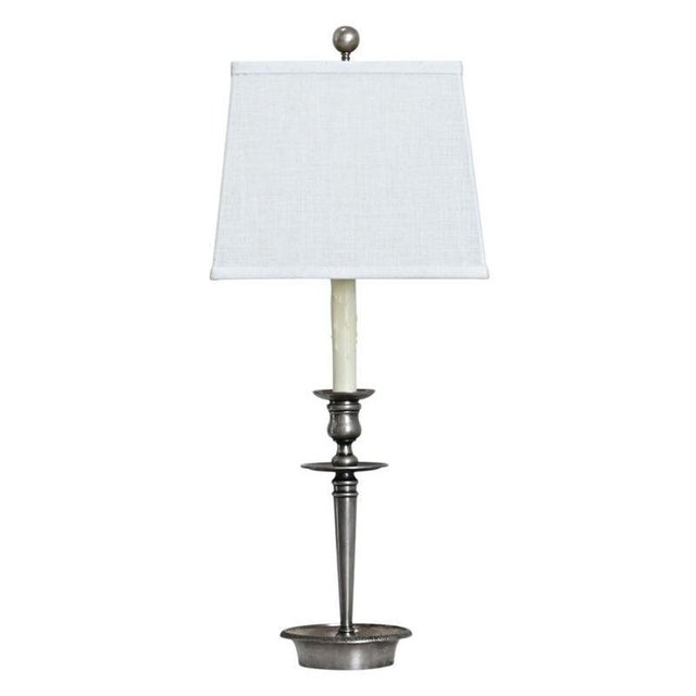 French Vintage Pewter Table Lamp With Custom Linen Shade For Sale - Image 9 of 9