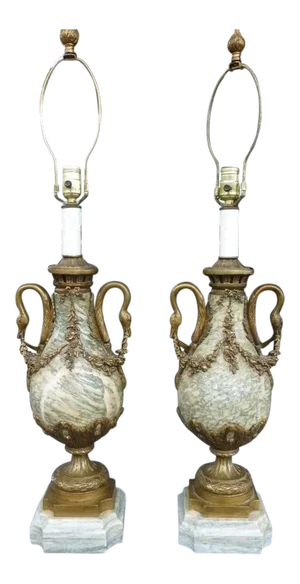 Early 20th Century Antique Continental Marble & Bronze Swan Head Lamps - A Pair