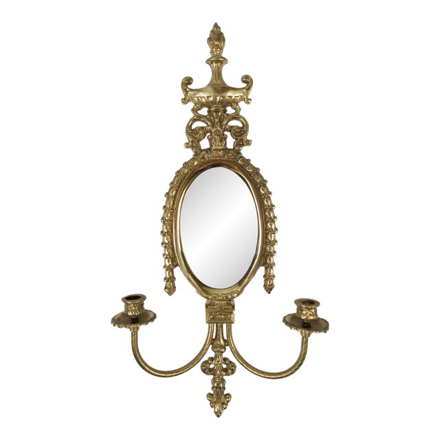 Vintage Brass Pagoda Style Mirrored Wall Candle Sconce For Sale
