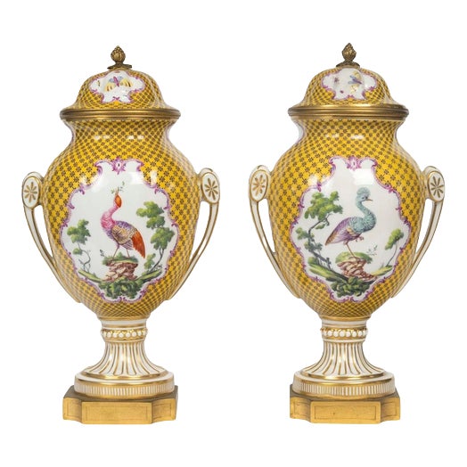 Louis XVI Style Porcelain and Gilded Bronze Covered Vases, Set of 2 For Sale