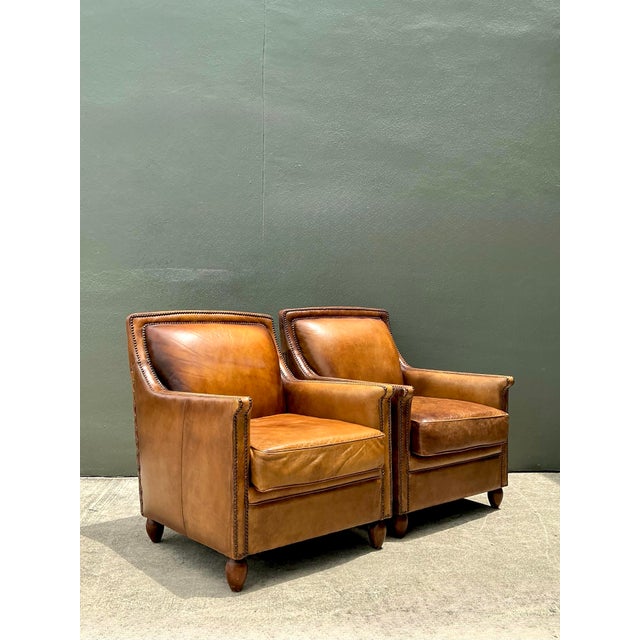 Vintage Nailhead Trim Leather Armchairs - Pair For Sale - Image 12 of 12