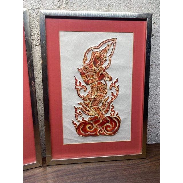 Mid-Century Modern Vintage Thai Temple Rubbings Red Etched Gold Metal Frames 23x17 - a Pair For Sale - Image 3 of 7