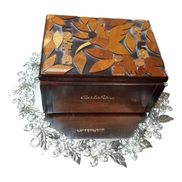 1970s Gorgeous Marquetry Souvenir Wooden Jewelry Box From Costa Rica For Sale