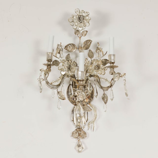 Mid 20th Century 1940s Maison Baguès Crystal Three-Arm Sconces with Floral Motifs, US Wired For Sale - Image 5 of 12