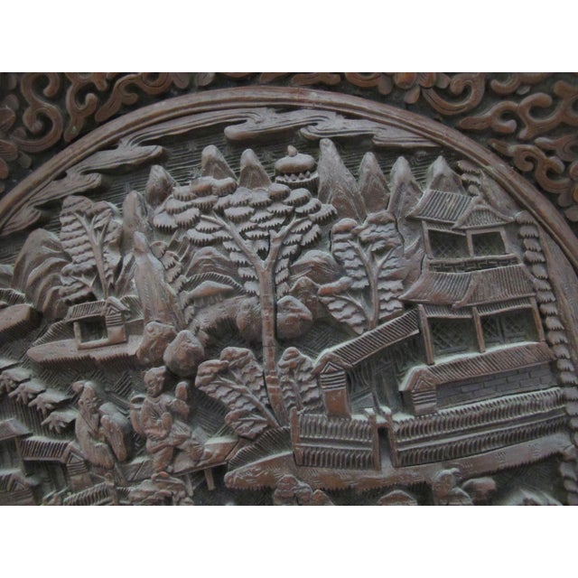 Late 19th Century Chinese Cinnabar Lacquer Style Resin Village Scene 10" Plate Pair With Stands For Sale - Image 5 of 18