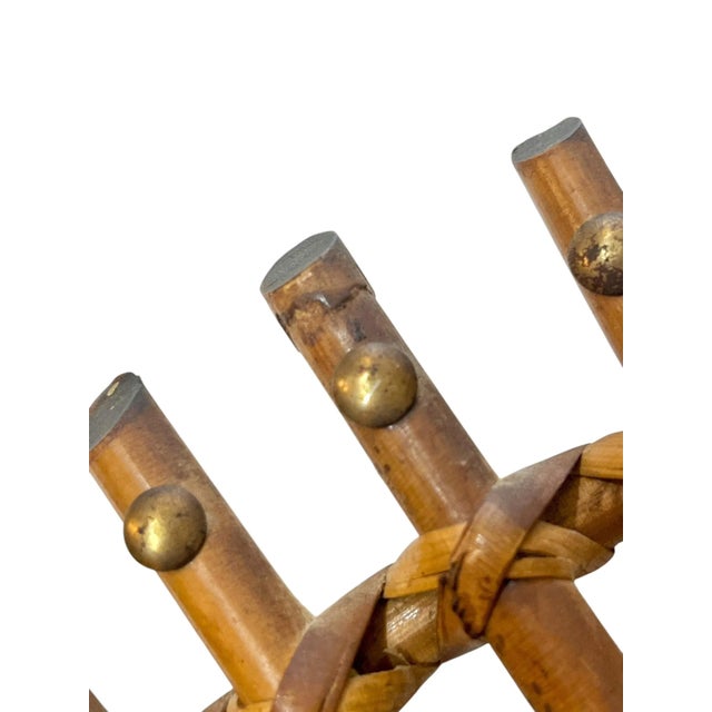 Vintage Italian Rattan Bamboo Sunburst Mirror With Brass Accents For Sale - Image 9 of 14