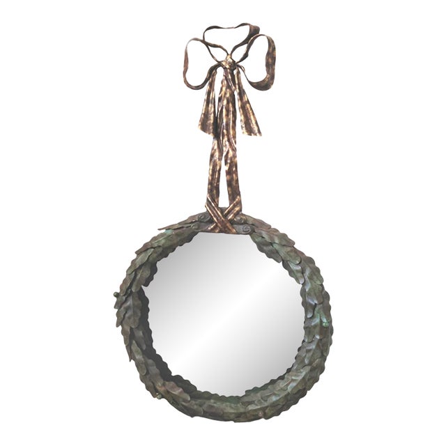 Regency LaBarge Italian Patinated Tole Wreath Bow Metal Wall Mirror For Sale