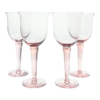 1980s Vintage Blush Pink Blown Large Wine or Water Glasses - Set of 4 For Sale