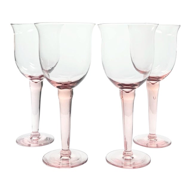 1980s Vintage Blush Pink Blown Large Wine or Water Glasses - Set of 4 For Sale