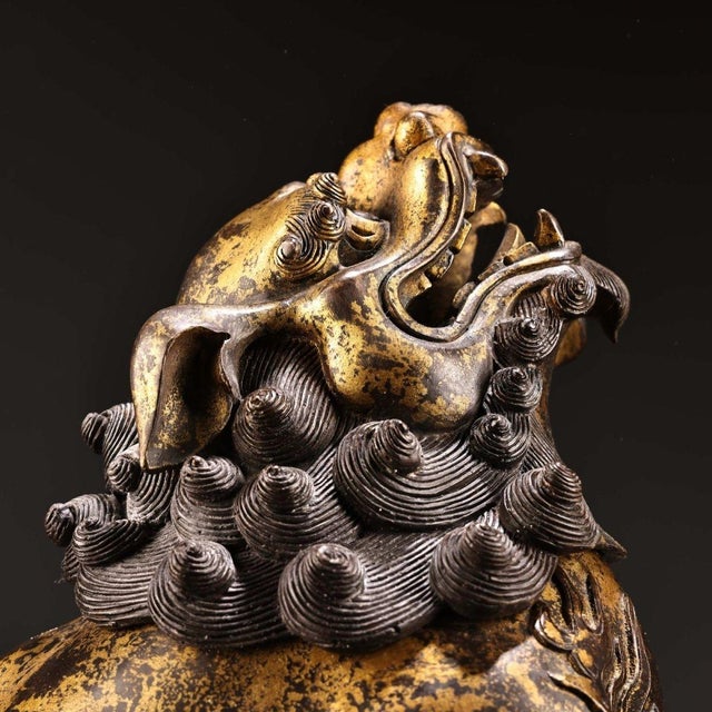 Asian Monumental Vintage Gilt Bronze Guardian Lion Censer - Asian Mythical Beast Incense Burner For Sale - Image 3 of 9