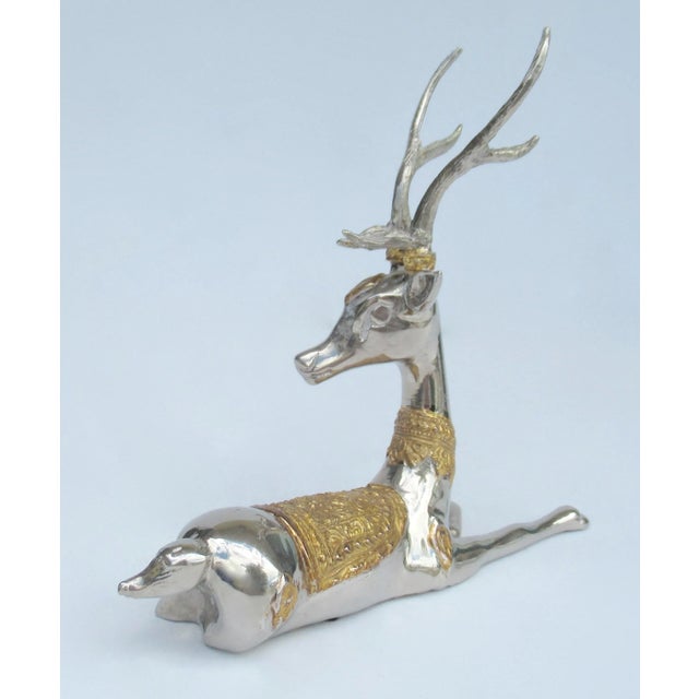 Vintage C.1970's Asian (Thailand) Nickel Plate and Gilt Gold Embellished Antler Reindeer For Sale In West Palm - Image 6 of 12