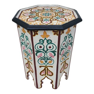 Moroccan Hexagonal Hand Painted Wooden Side Table For Sale