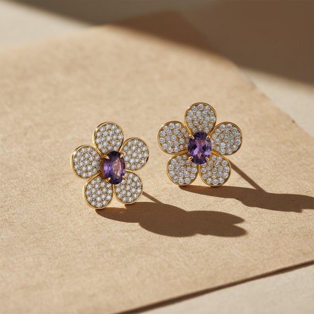 Modern Five Petal Flower Earrings Studs With Amethysts, Silver, Gold, Pair For Sale - Image 3 of 7