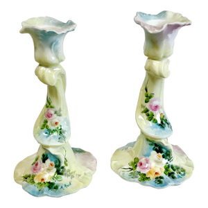 Early 1990s Antique French Victorian W G Limoges Porcelain Hand Painted Candle Holders - A Pair