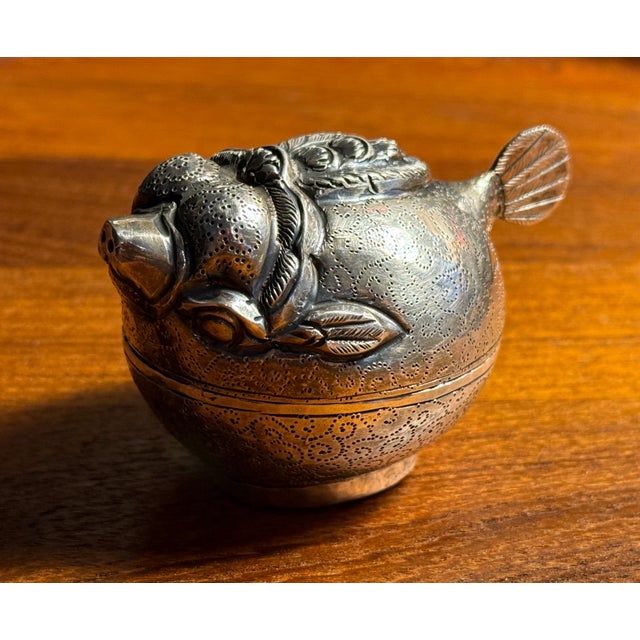 Traditional Vintage 900 Silver Cambodian Puffer Fish Repousse Lidded Trinket Box For Sale - Image 3 of 7