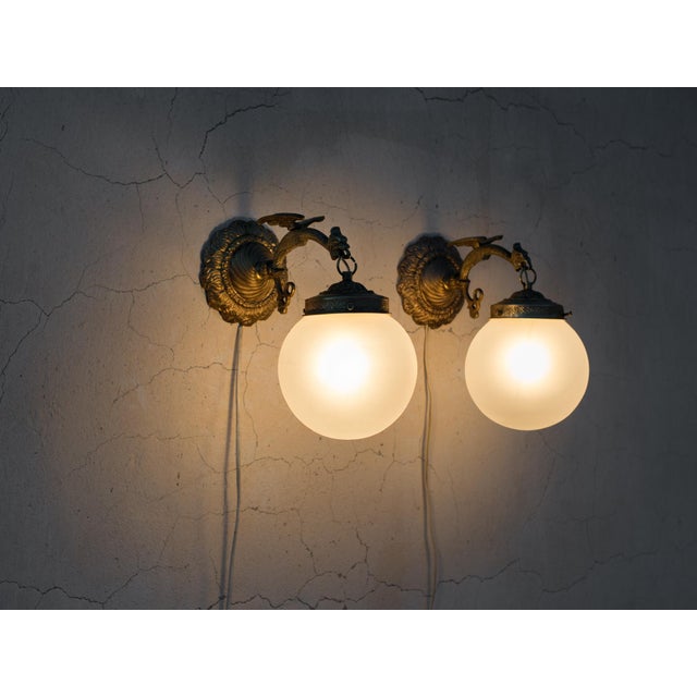 Spanish Revival 1950s Spanish Empire Cast Brass Dragon Sconces With Scavo Glass Globes - A Set of 4 For Sale - Image 3 of 11