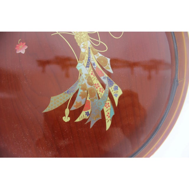 Vintage Japanese Lacquered Wood Tray Round Gold Detail Signed For Sale - Image 11 of 12
