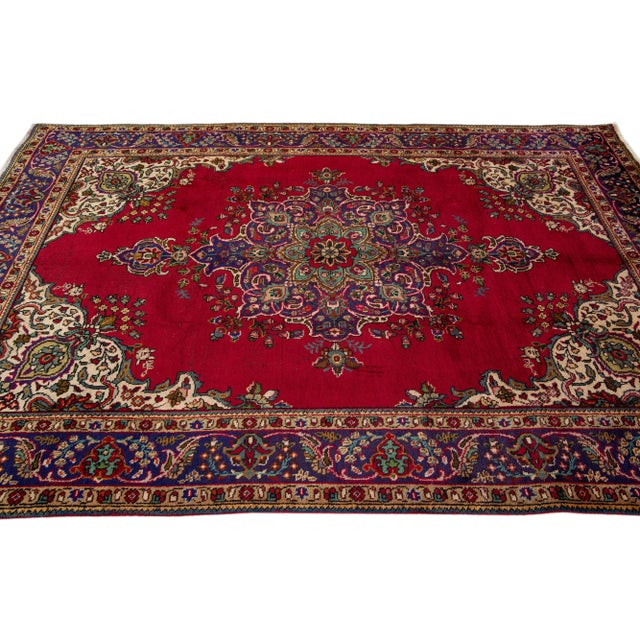 1960s 1960s Vintage Persian Tabriz Handmade Medallion Red Wool Rug For Sale - Image 5 of 7