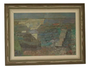 R. Lindqvist, Fishing Boat at the Pier, 1960s, Oil on Panel, Framed