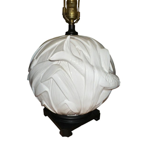 White Vintage Coy Fish Relief Lamp With Green Shade For Sale - Image 8 of 10