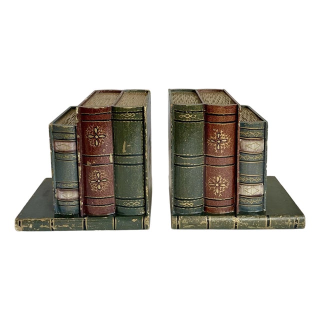 A Pair of Faux Figurative Stack of Books Wood Bookends For Sale